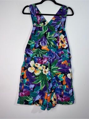 Vintage Boom Floral Button Strap Culotte Romper Purple Green Pockets Size Large